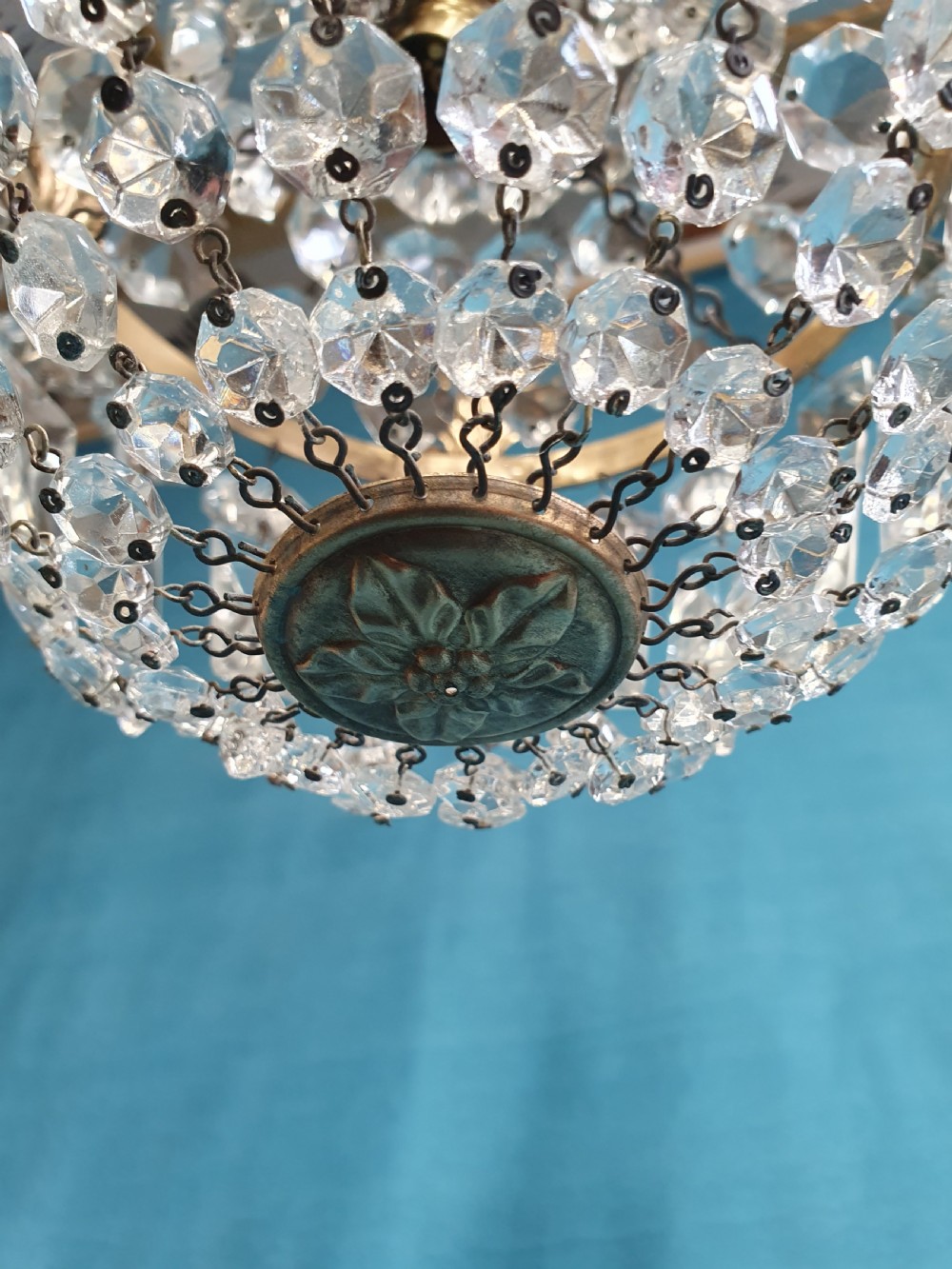 Early 20th century small swag chandelier with finials View V