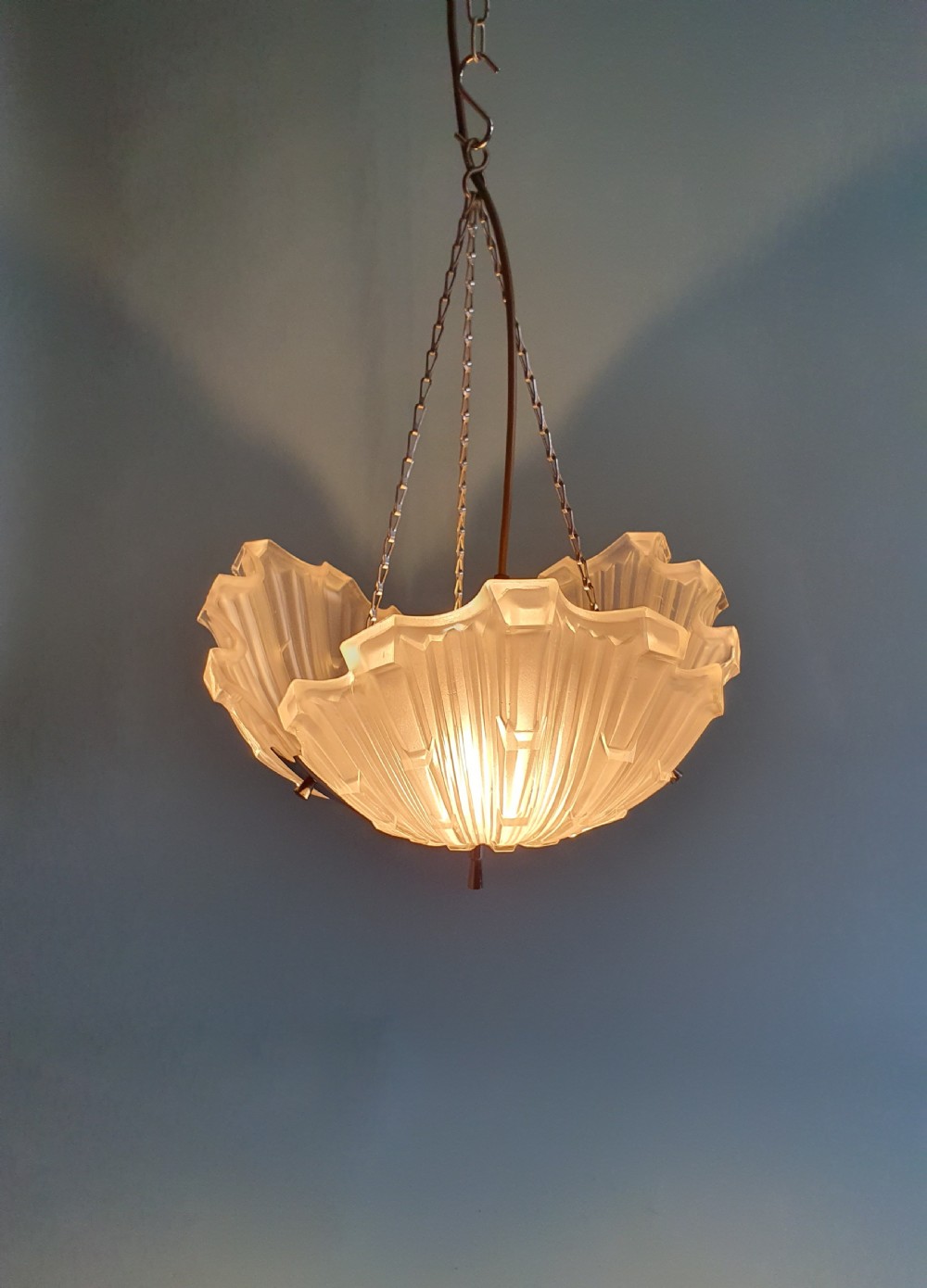Art deco glass and chrome chandelier View III