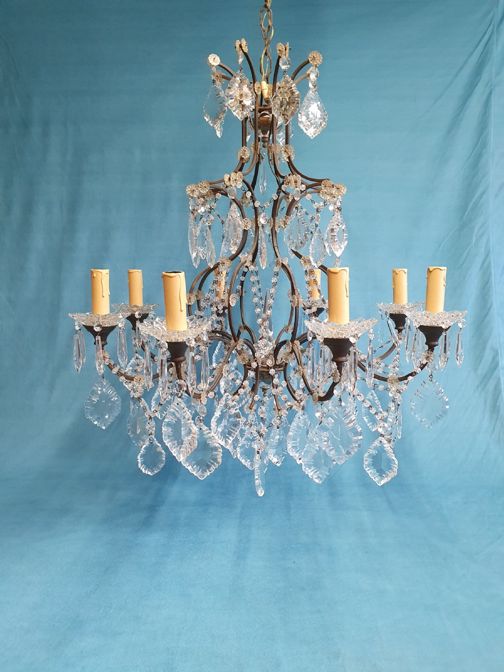 Early 20th century large steel frame chandelier with cut glass oval drips