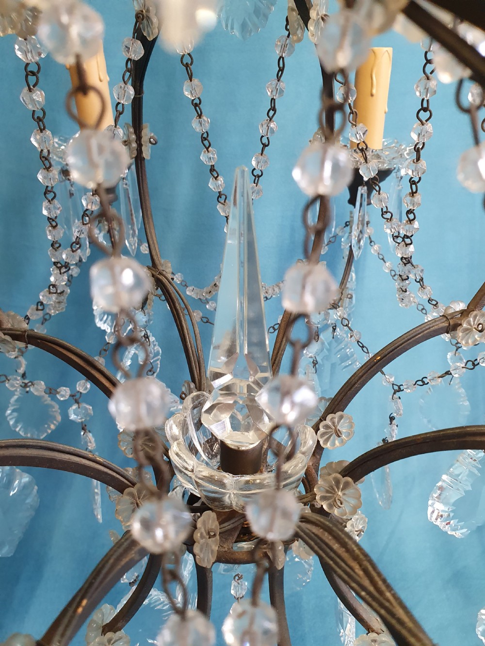 Early 20th century large steel frame chandelier with cut glass oval drips View II
