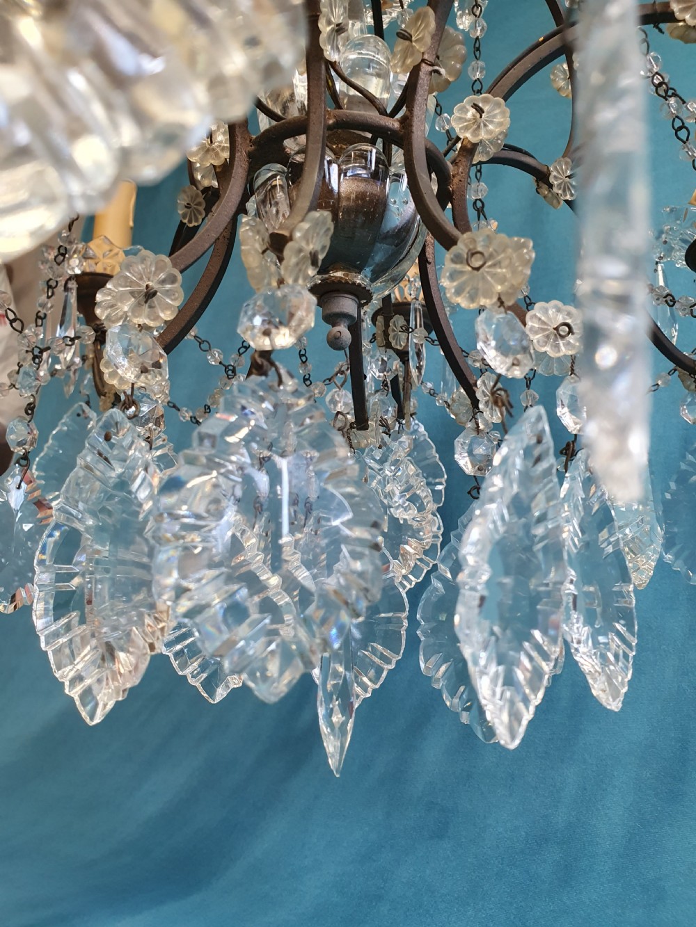 Early 20th century large steel frame chandelier with cut glass oval drips View V