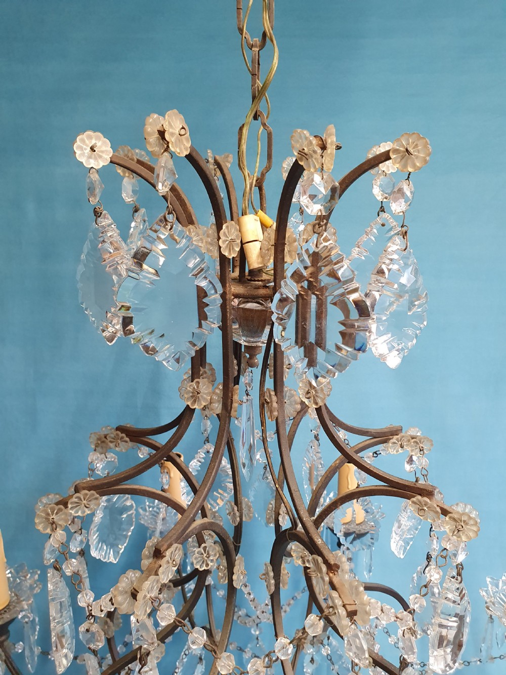 Early 20th century large steel frame chandelier with cut glass oval drips View VI