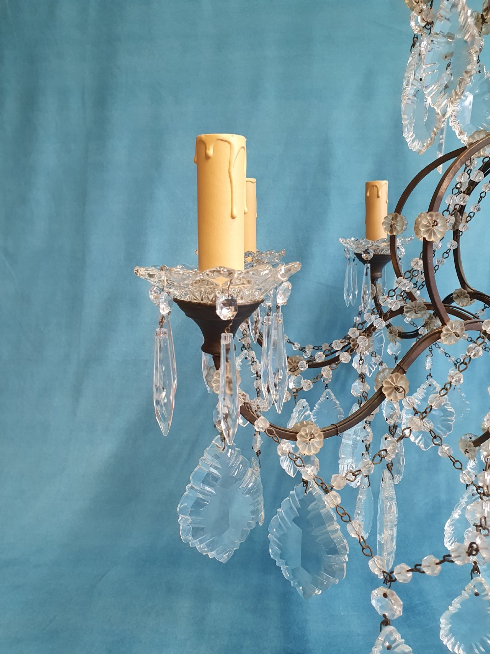 Early 20th century large steel frame chandelier with cut glass oval drips View VII