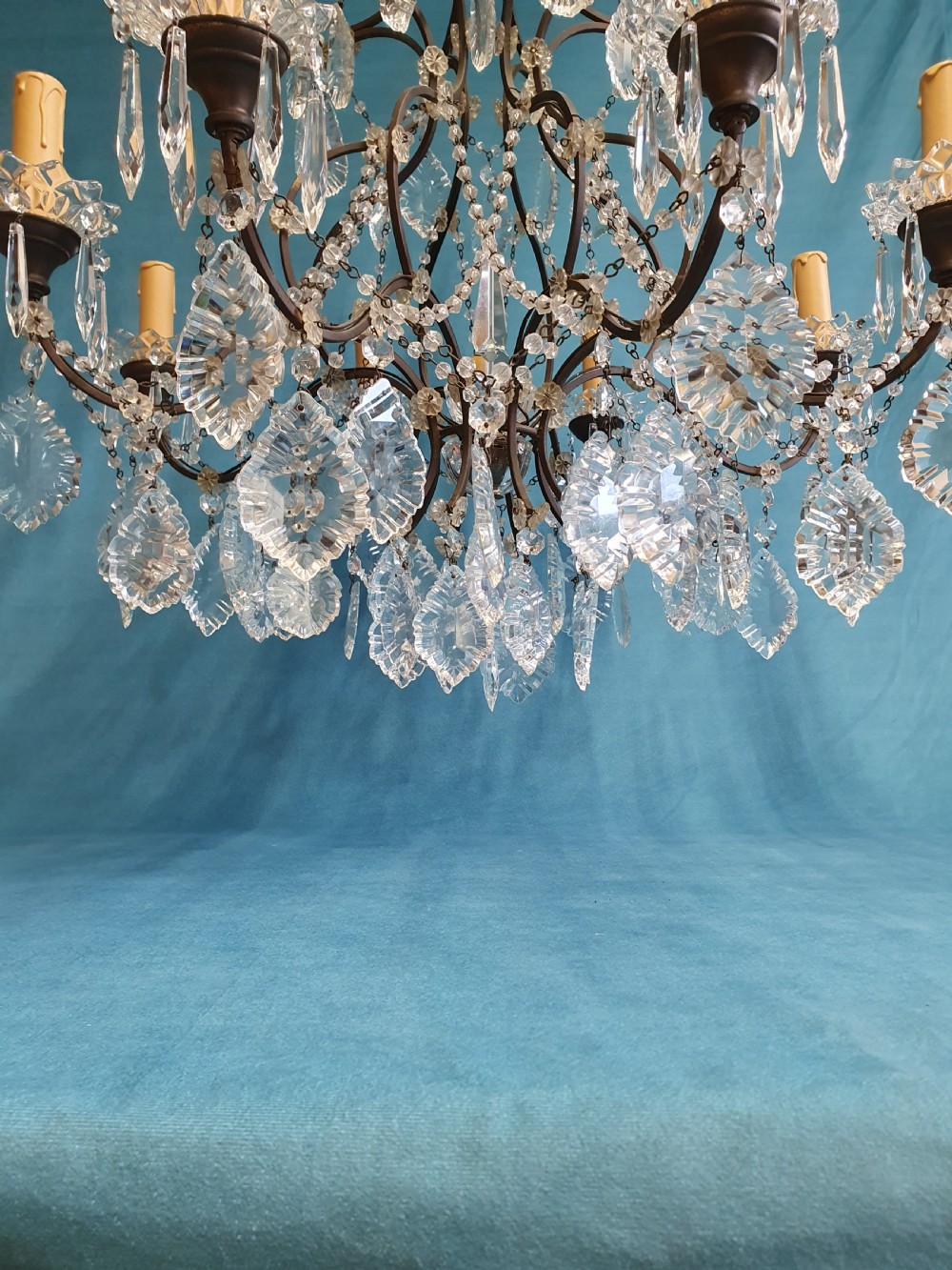 Early 20th century large steel frame chandelier with cut glass oval drips View VIII