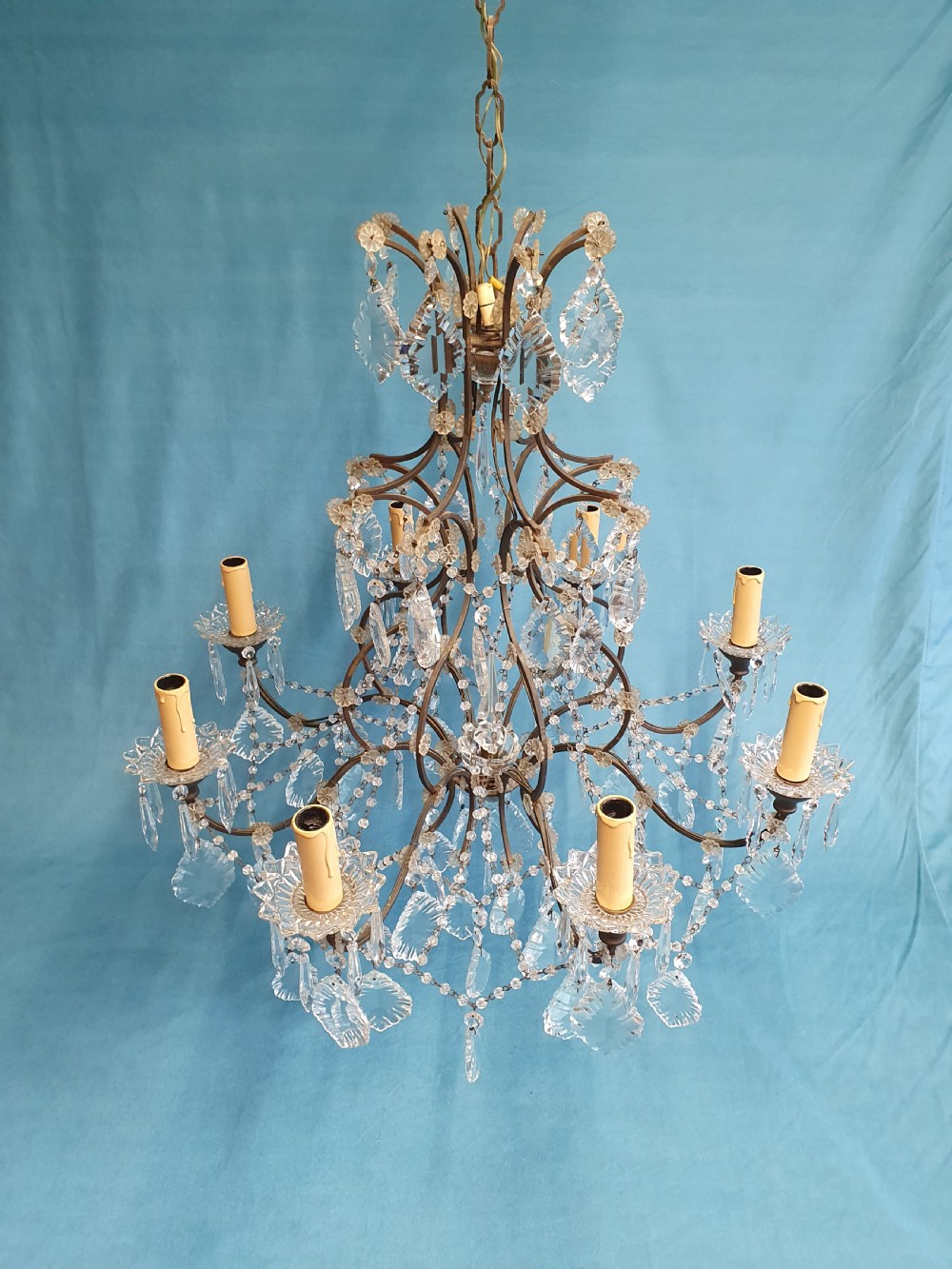Early 20th century large steel frame chandelier with cut glass oval drips View IX