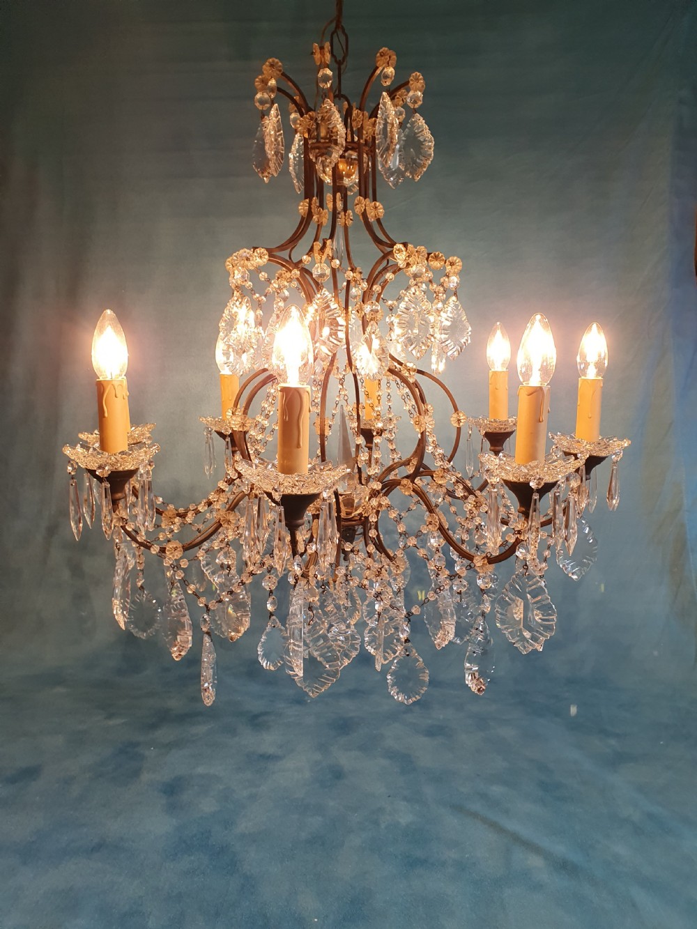 Early 20th century large steel frame chandelier with cut glass oval drips View X