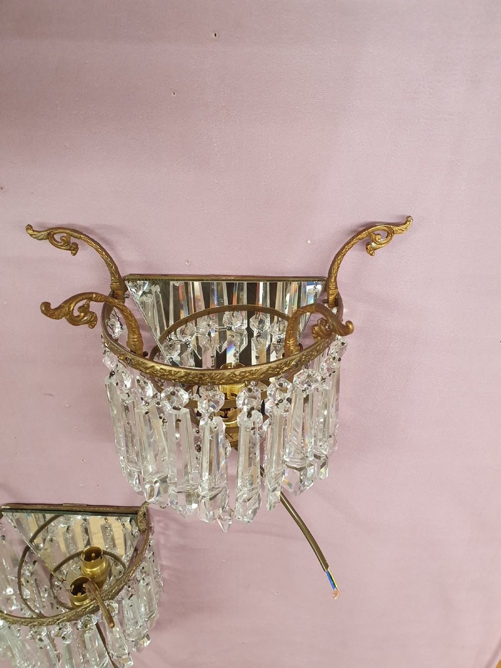 Early 20th century pair of wall lights with mirror backs View VI