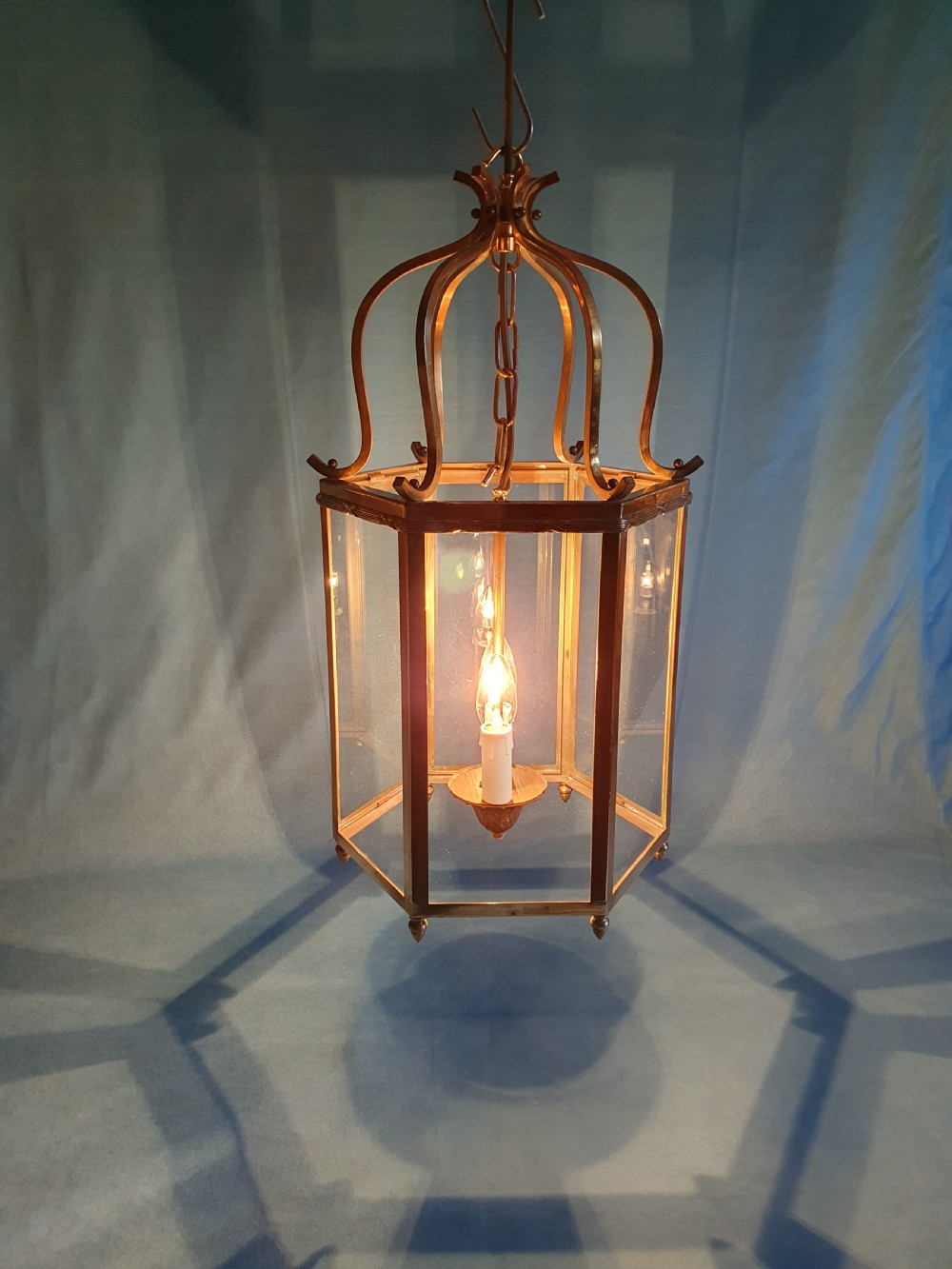 Early 20th century hexagon shaped brass porch light View VI
