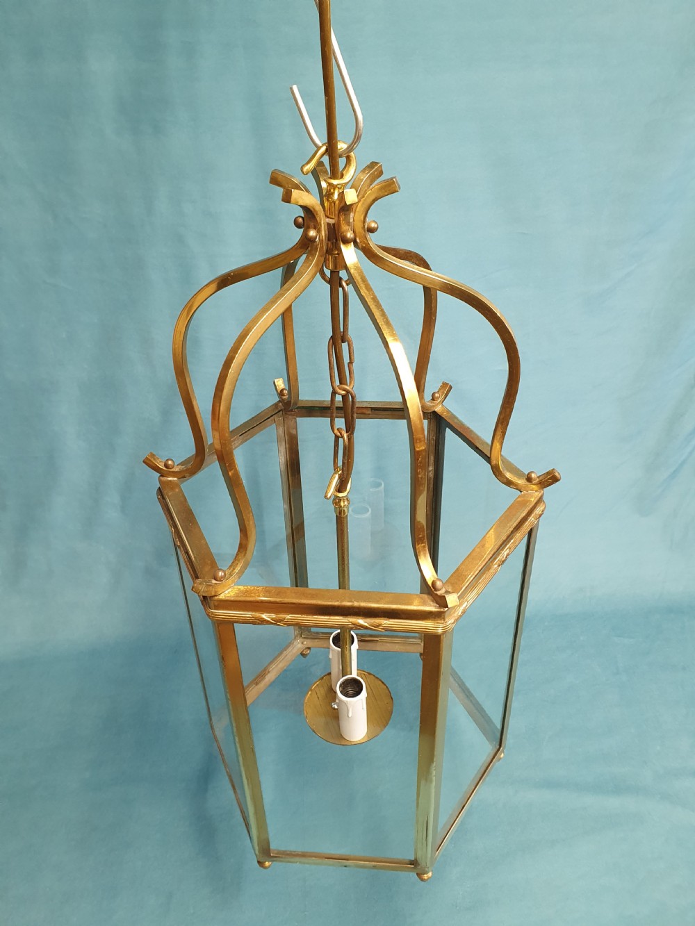 Early 20th century hexagon shaped brass porch light View VIII