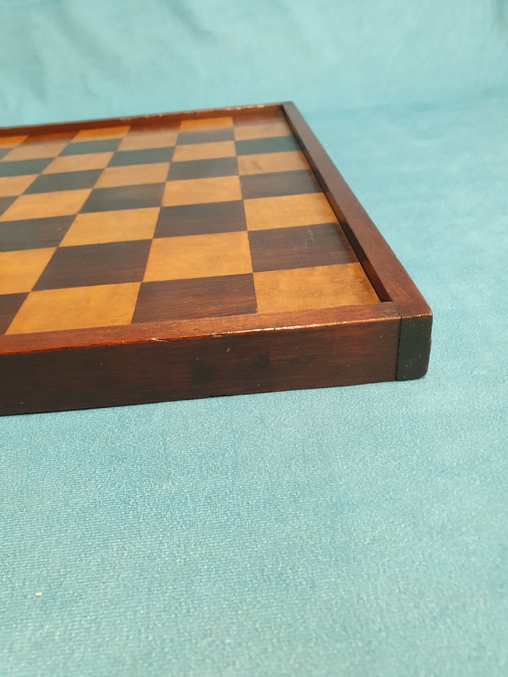 Late 19 century wooden chessboard with early 20th century chess set  View III