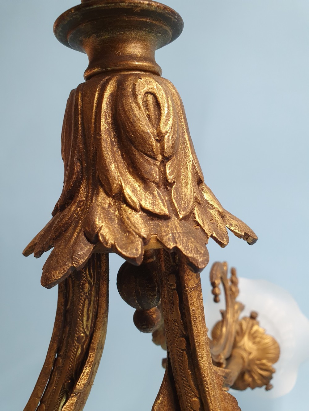 Early 20th century guilt brass chandelier with three glass shades View II