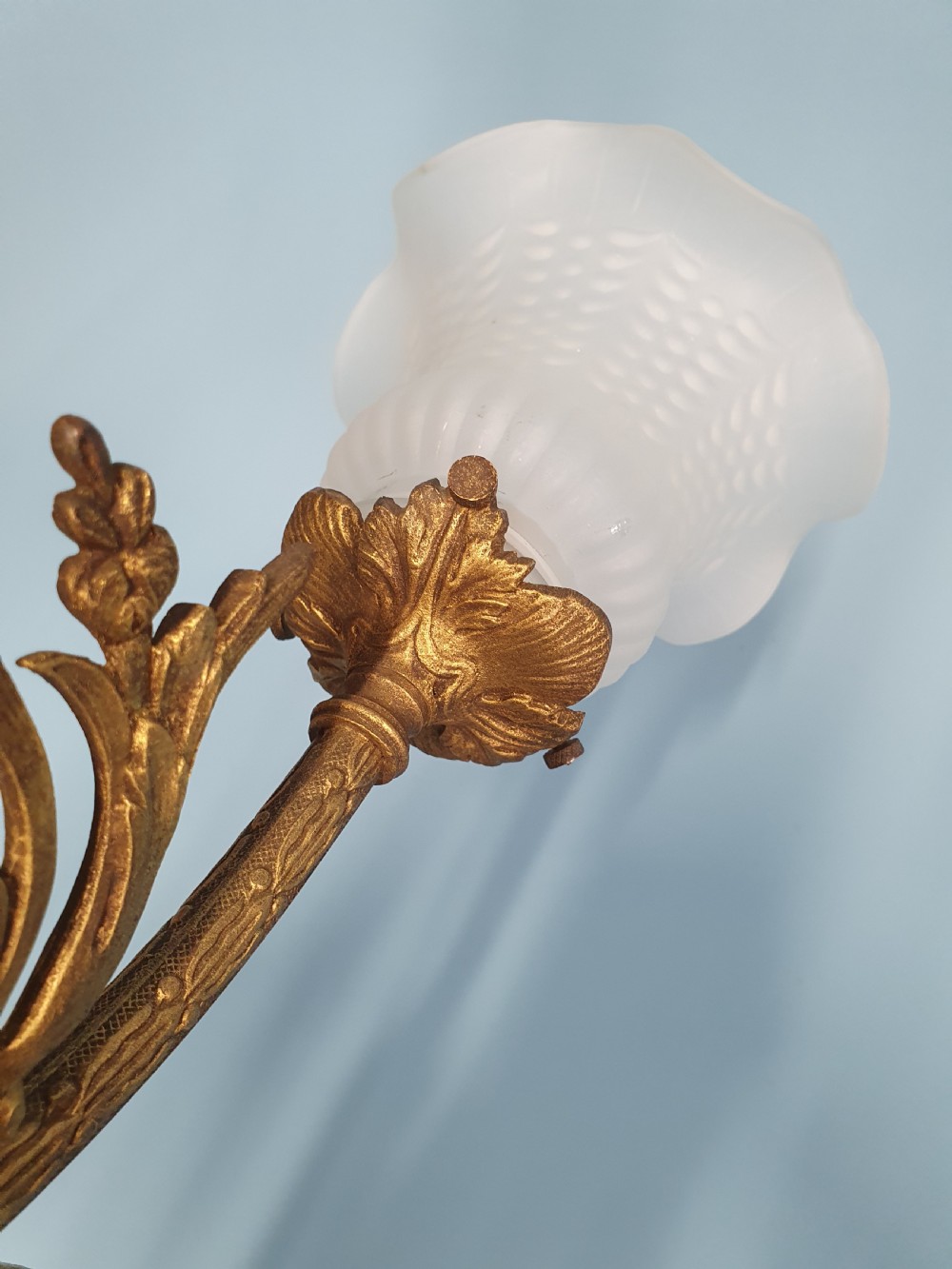 Early 20th century guilt brass chandelier with three glass shades View III