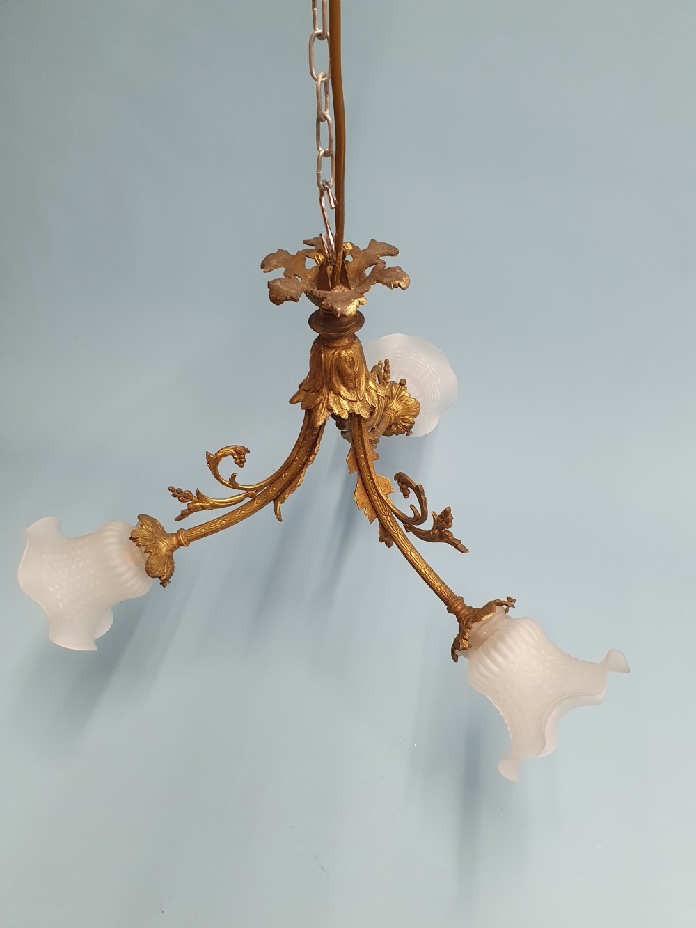 Early 20th century guilt brass chandelier with three glass shades View VII
