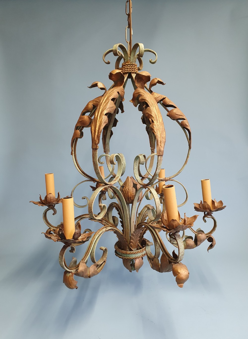 Large green chandelier in steel with C scroll and leaf decoration