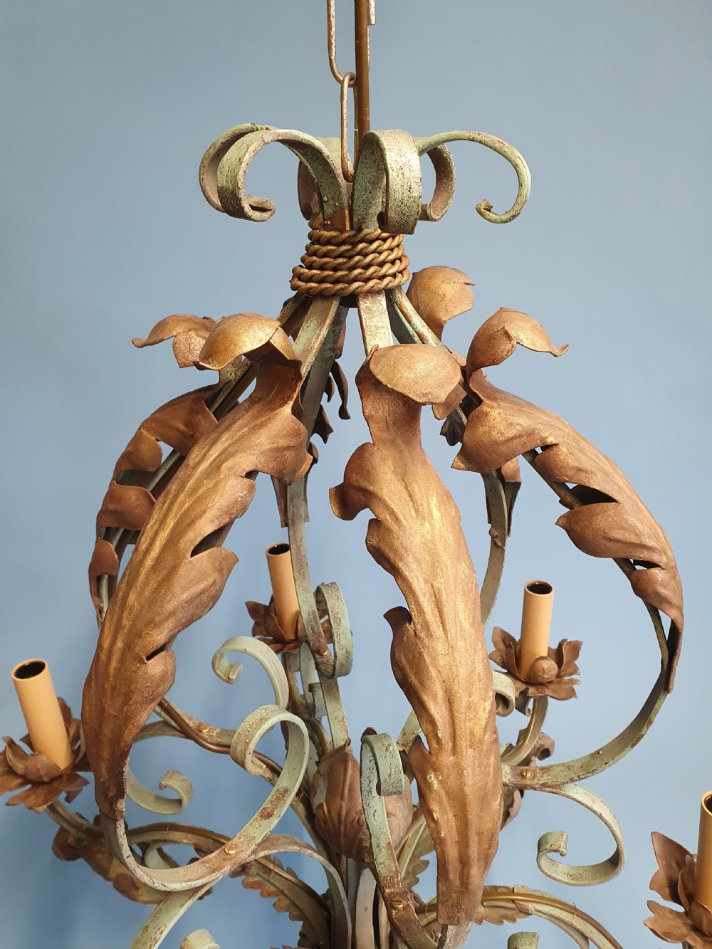 Large green chandelier in steel with C scroll and leaf decoration View IV