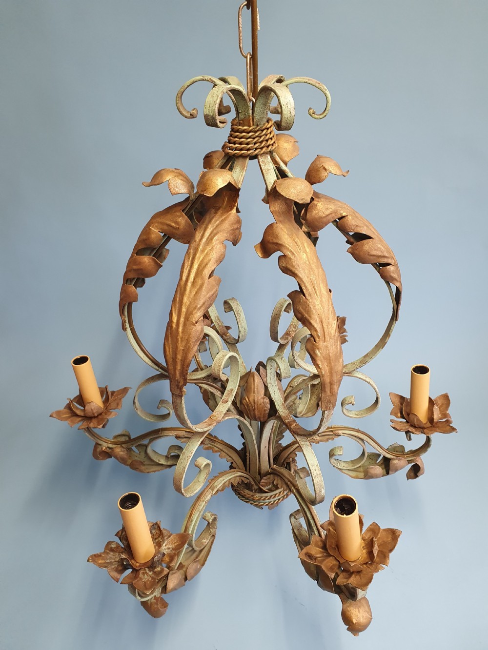 Large green chandelier in steel with C scroll and leaf decoration View V