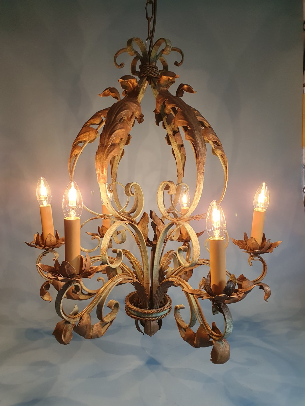 Large green chandelier in steel with C scroll and leaf decoration View VI