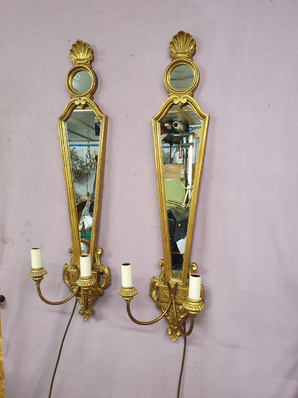Pair of gilt Italian wall lights with mirror backs