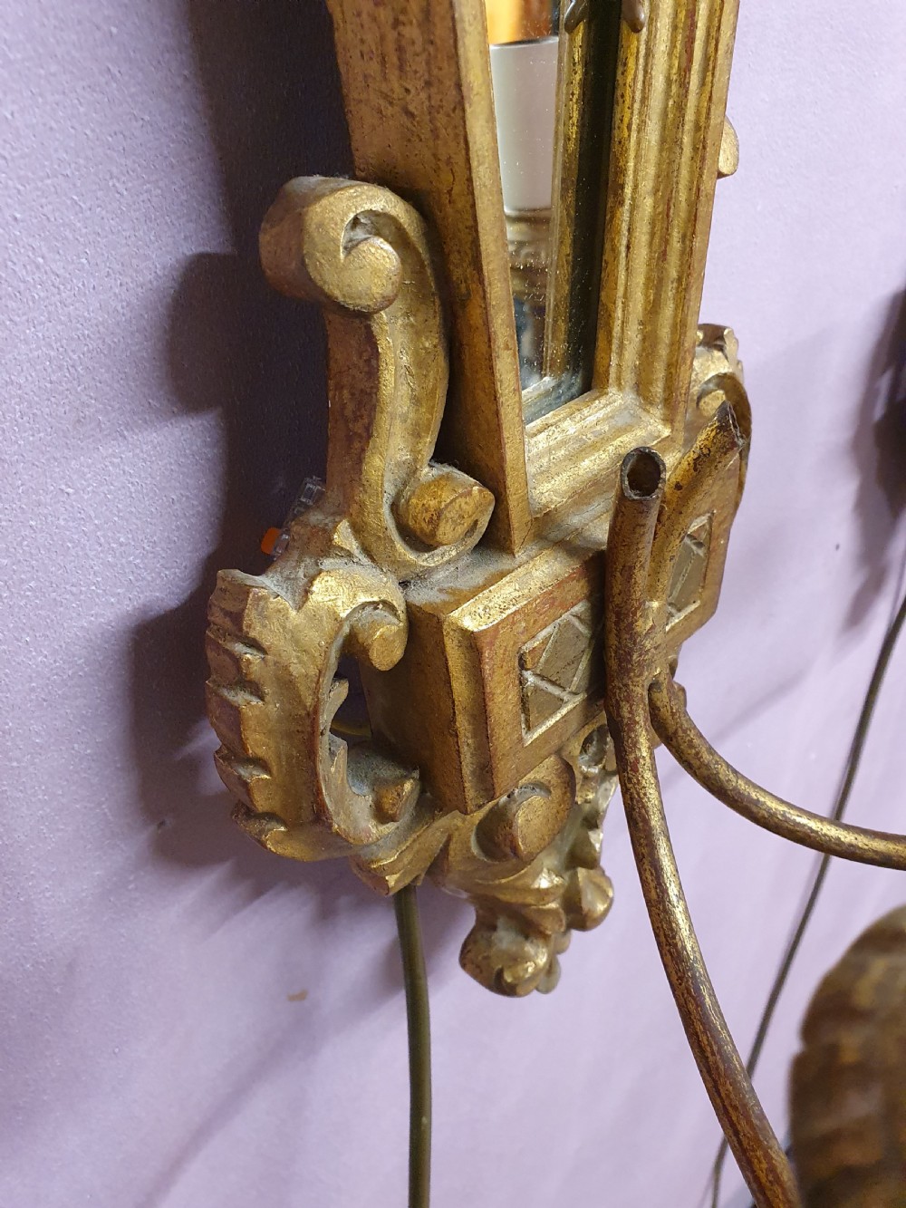 Pair of gilt Italian wall lights with mirror backs View VI