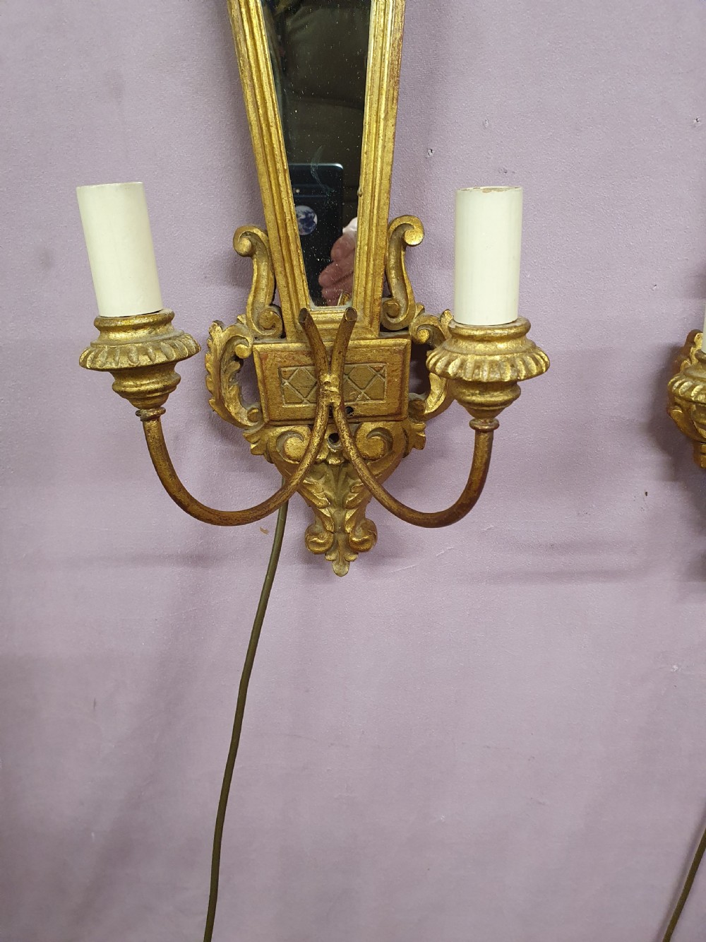 Pair of gilt Italian wall lights with mirror backs View VII