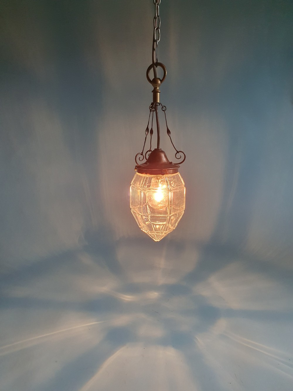 Early 20th century Arts and crafts hexagon shaped pendant lantern View II