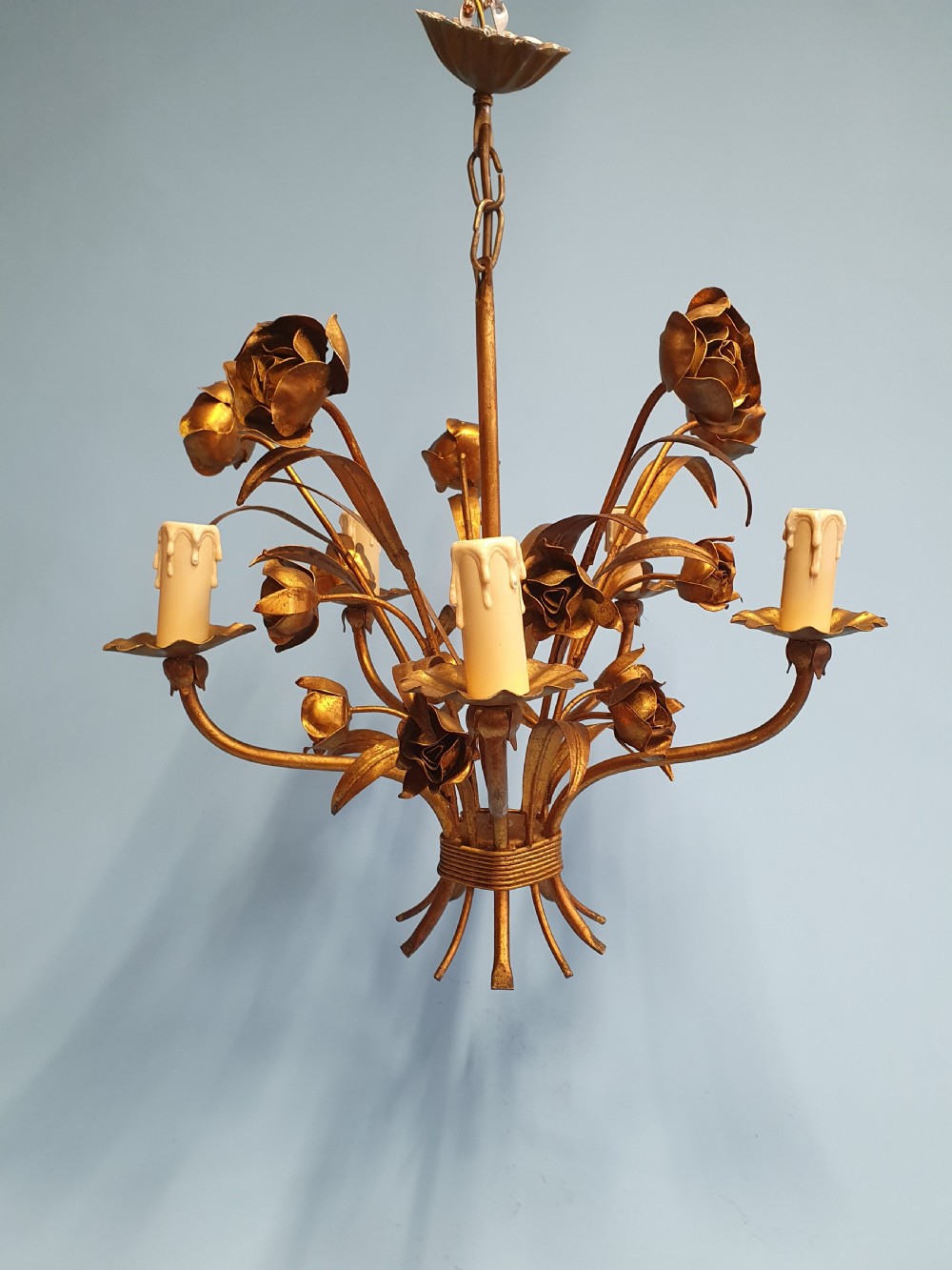 French gilt chandelier with flower decoration View II