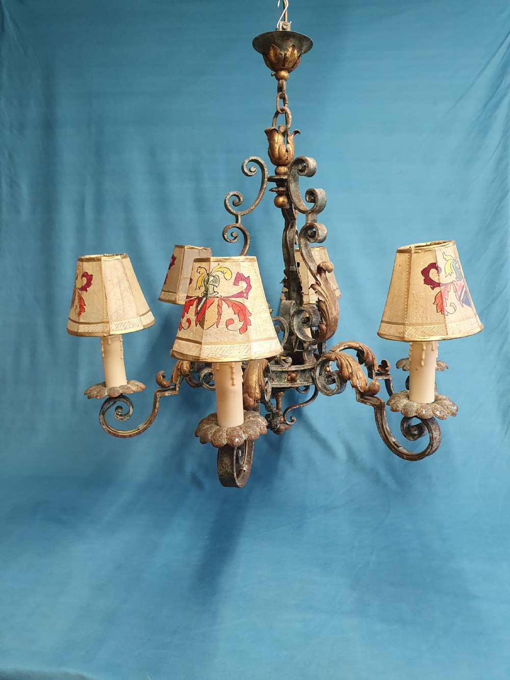 Large six arm steel patinated chandelier with venom shades 