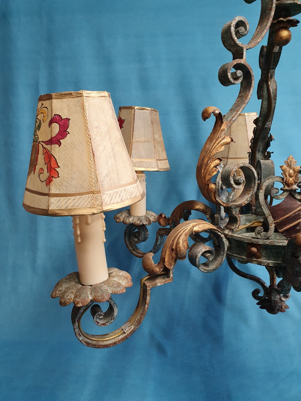 Large six arm steel patinated chandelier with venom shades  View II