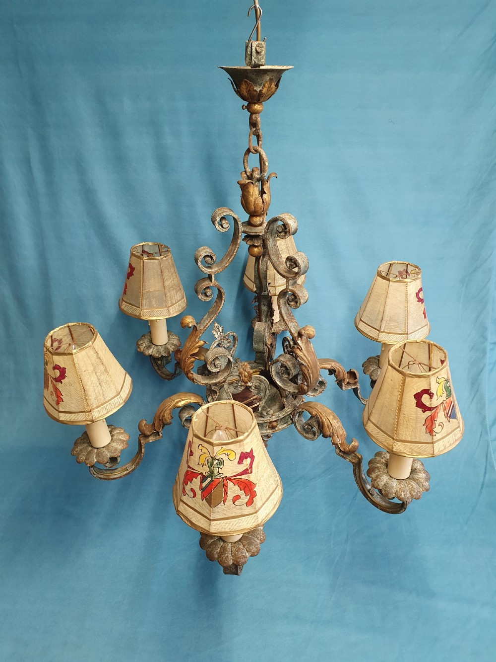 Large six arm steel patinated chandelier with venom shades  View III
