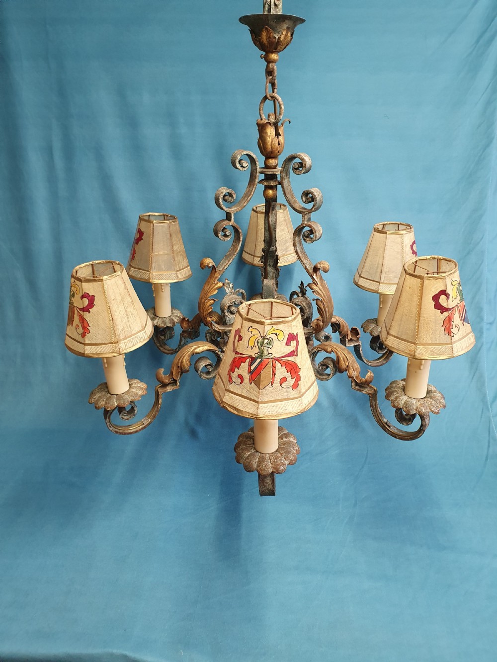 Large six arm steel patinated chandelier with venom shades  View IV