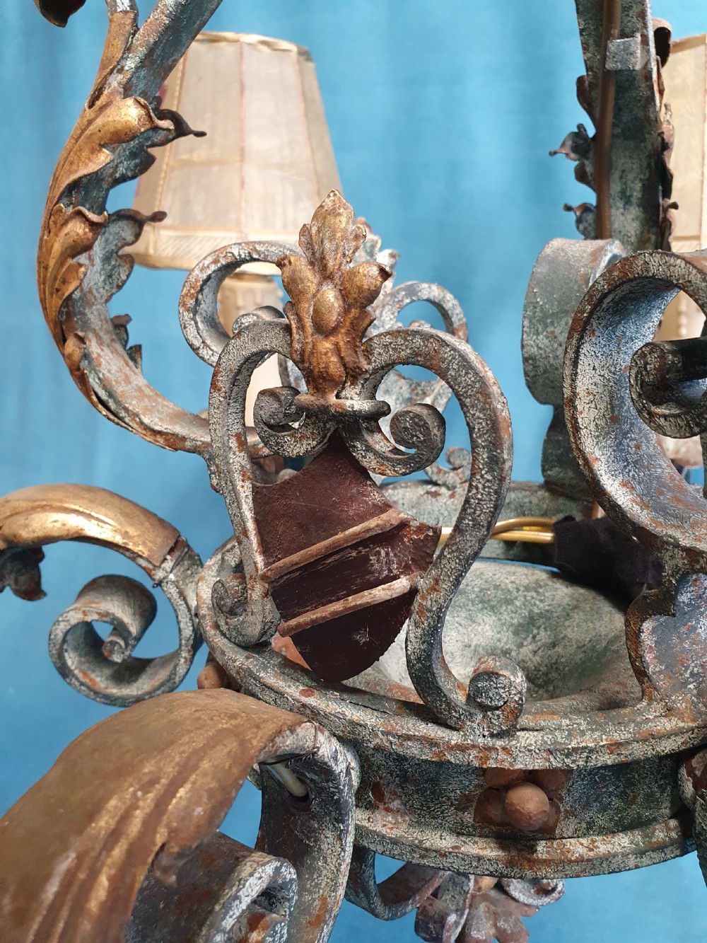 Large six arm steel patinated chandelier with venom shades  View V
