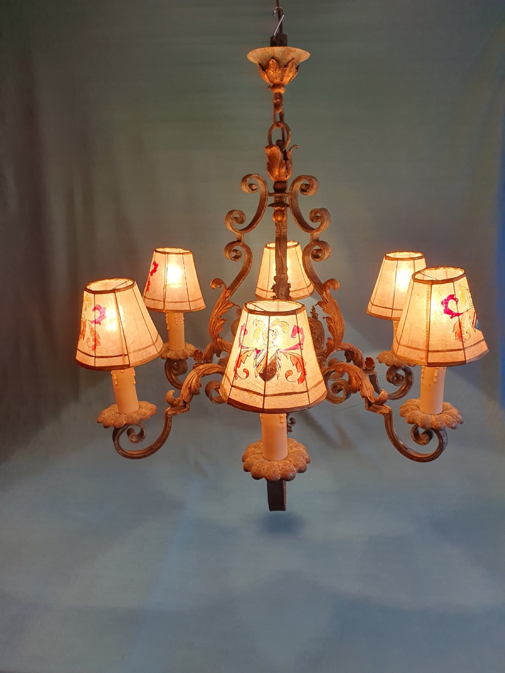 Large six arm steel patinated chandelier with venom shades  View VI