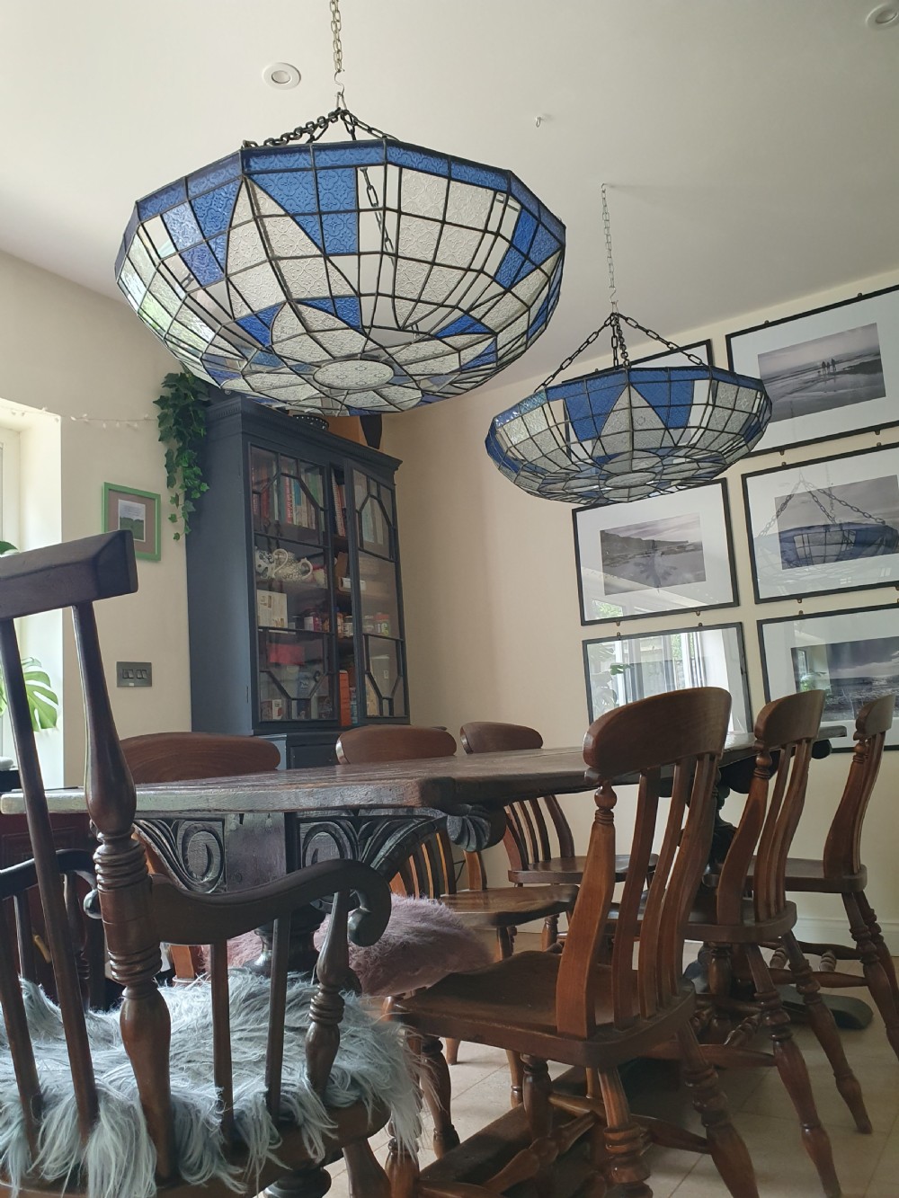Large pair of early 20th century leaded ceiling lights 