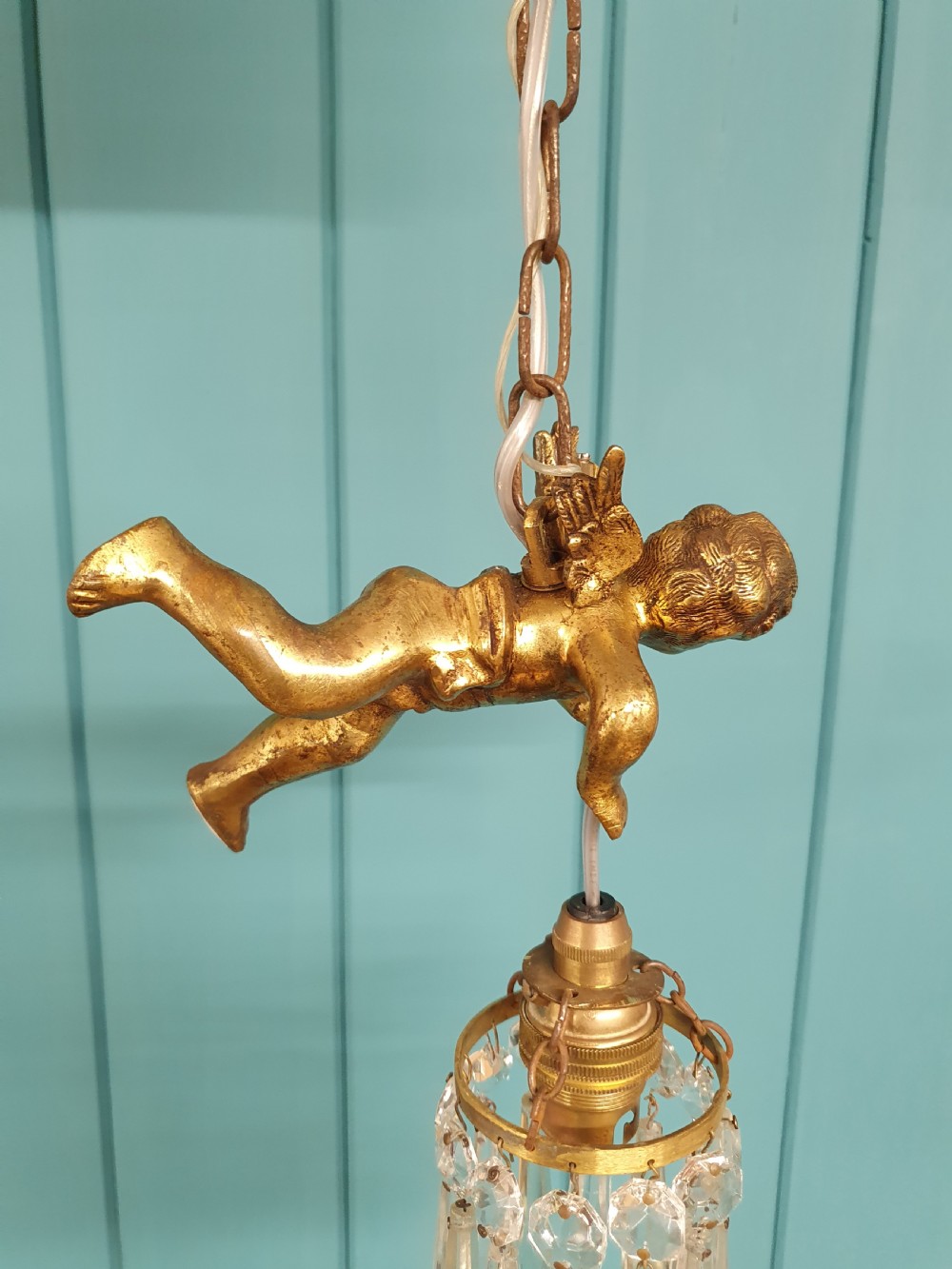 Small early 20th century flying cherub chandelier View III