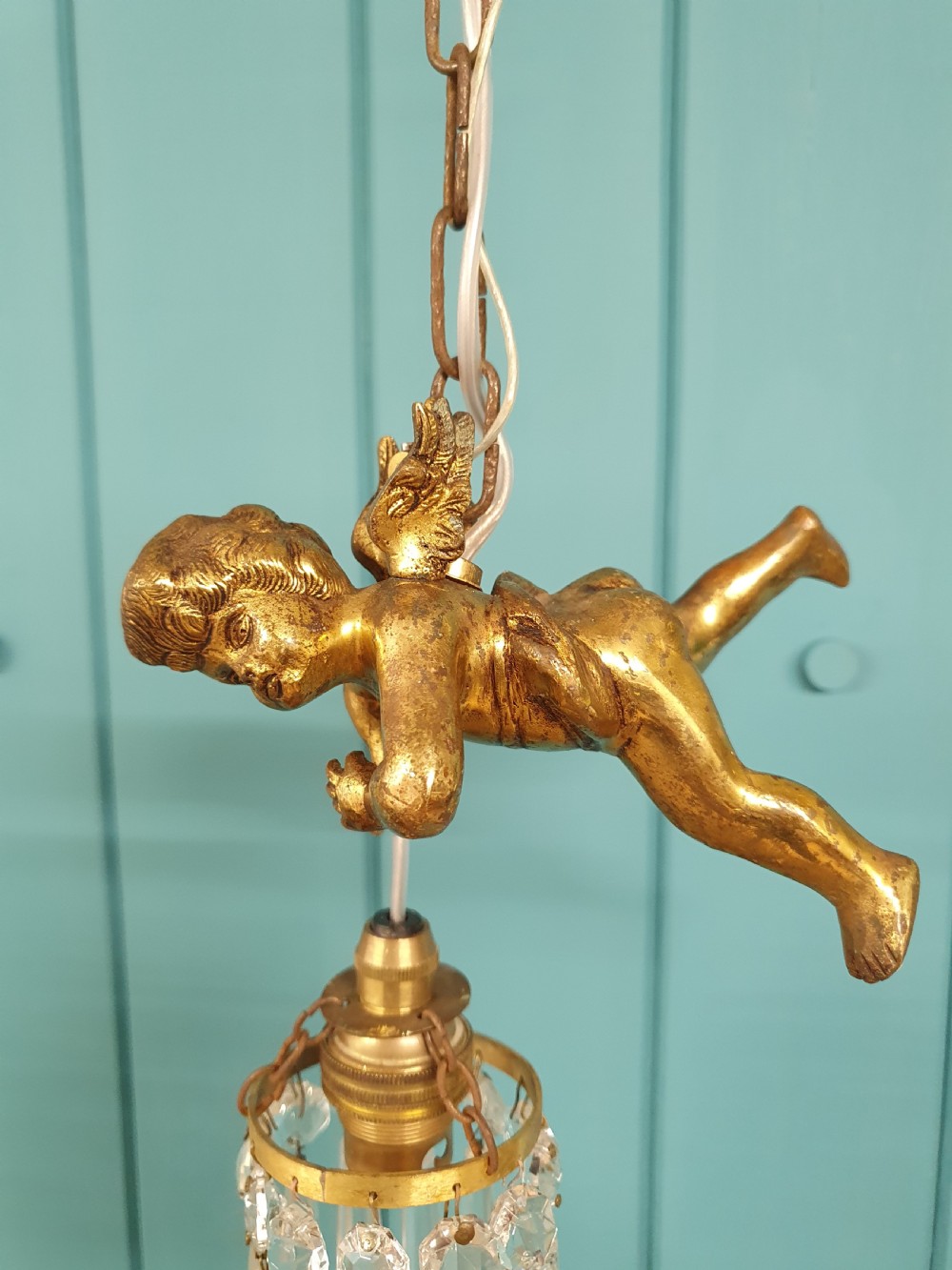 Small early 20th century flying cherub chandelier View VII