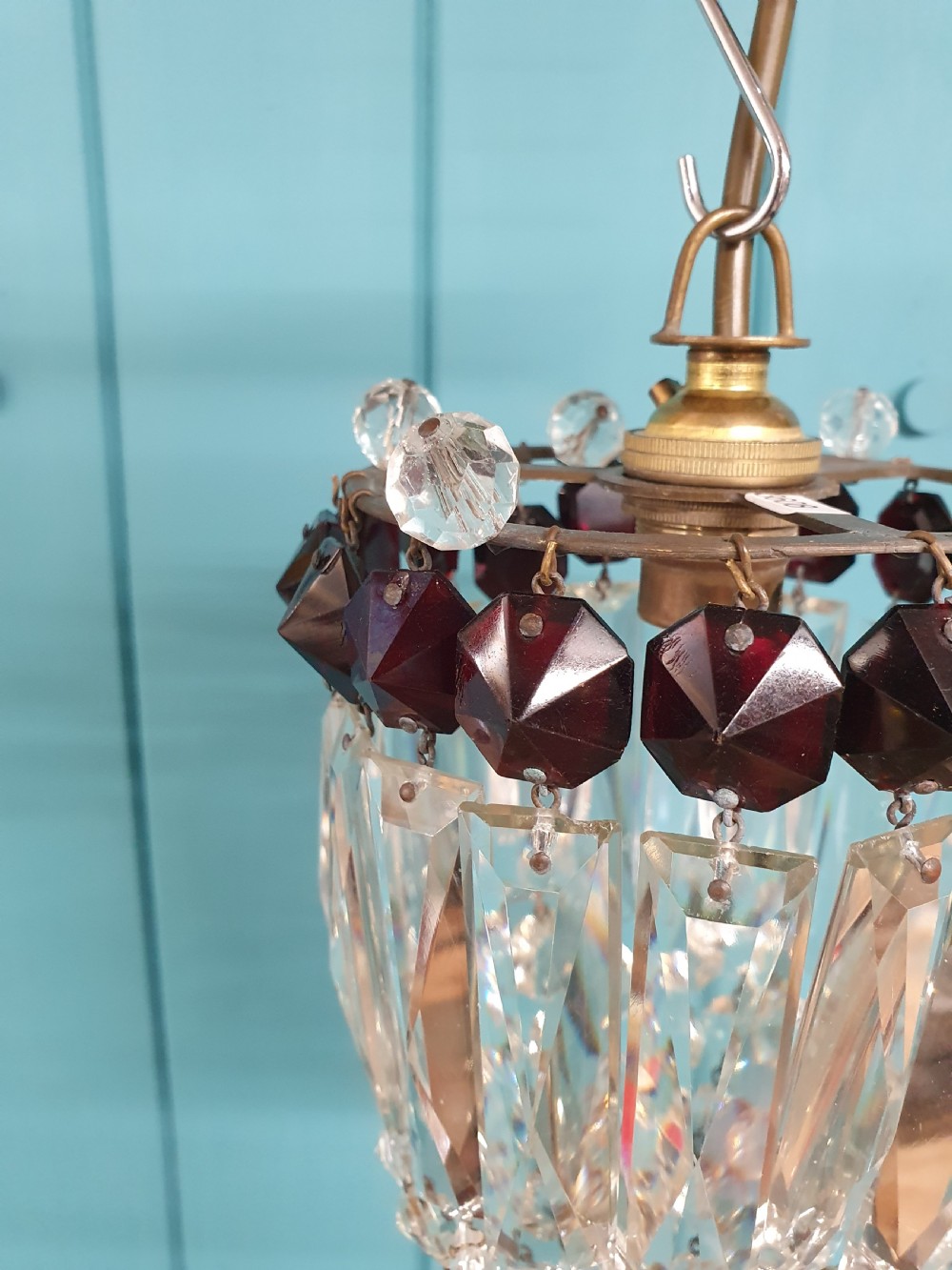 Early 20th century prism chandelier with red crystals 6