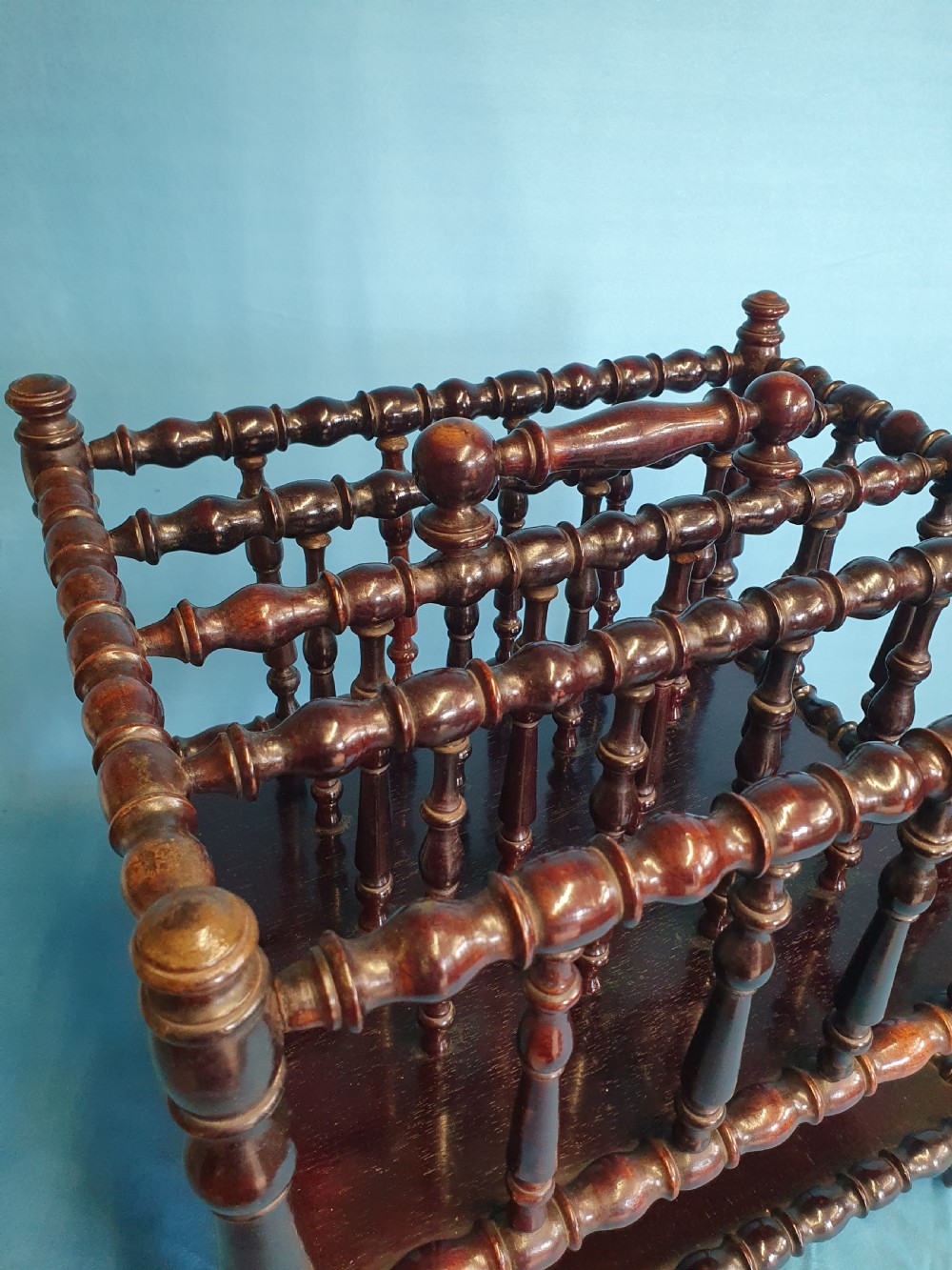 Mid 19th century Bobbin turned Rosewood Canterbury with shelf. View II