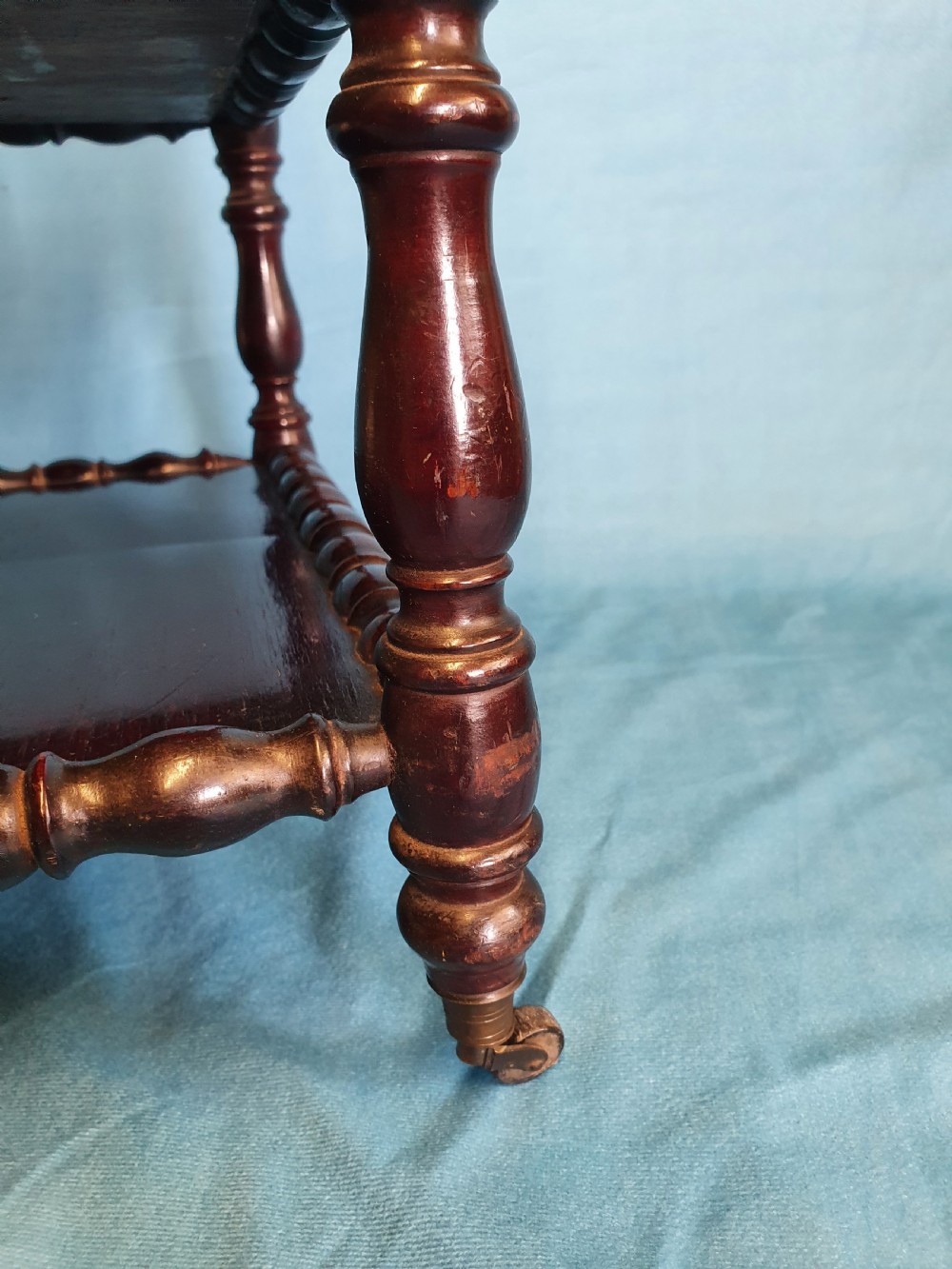 Mid 19th century Bobbin turned Rosewood Canterbury with shelf. View IV