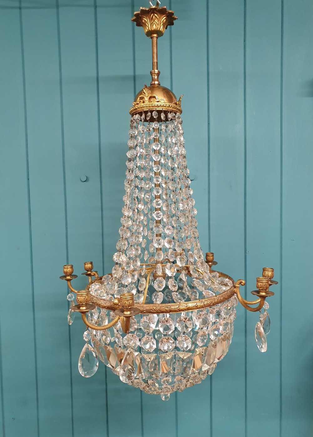Large early 20th century swag chandelier with prisms
