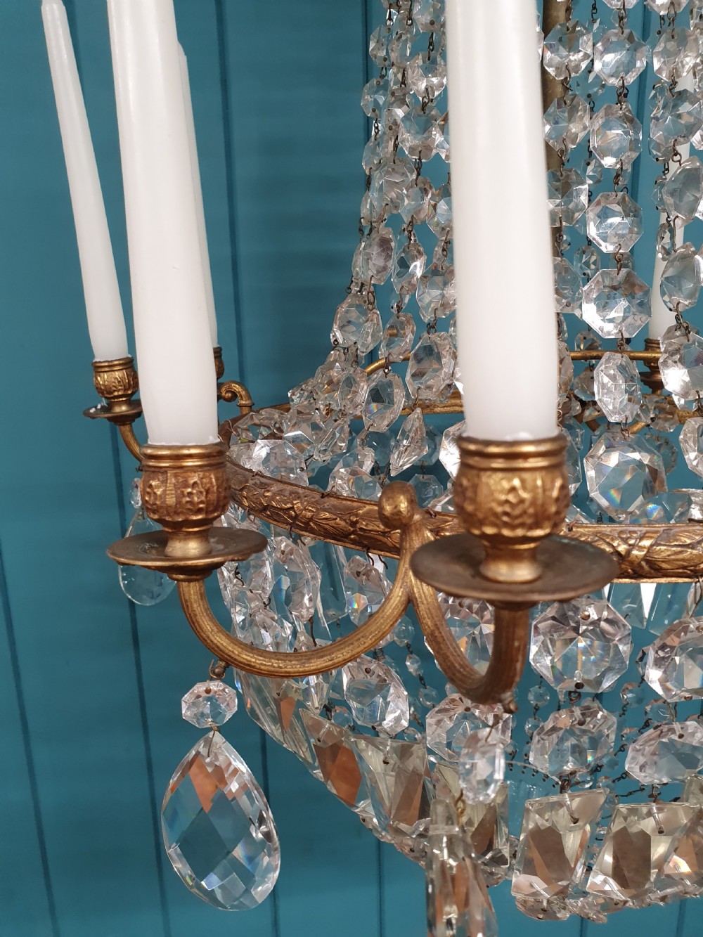 Large early 20th century swag chandelier with prisms View III