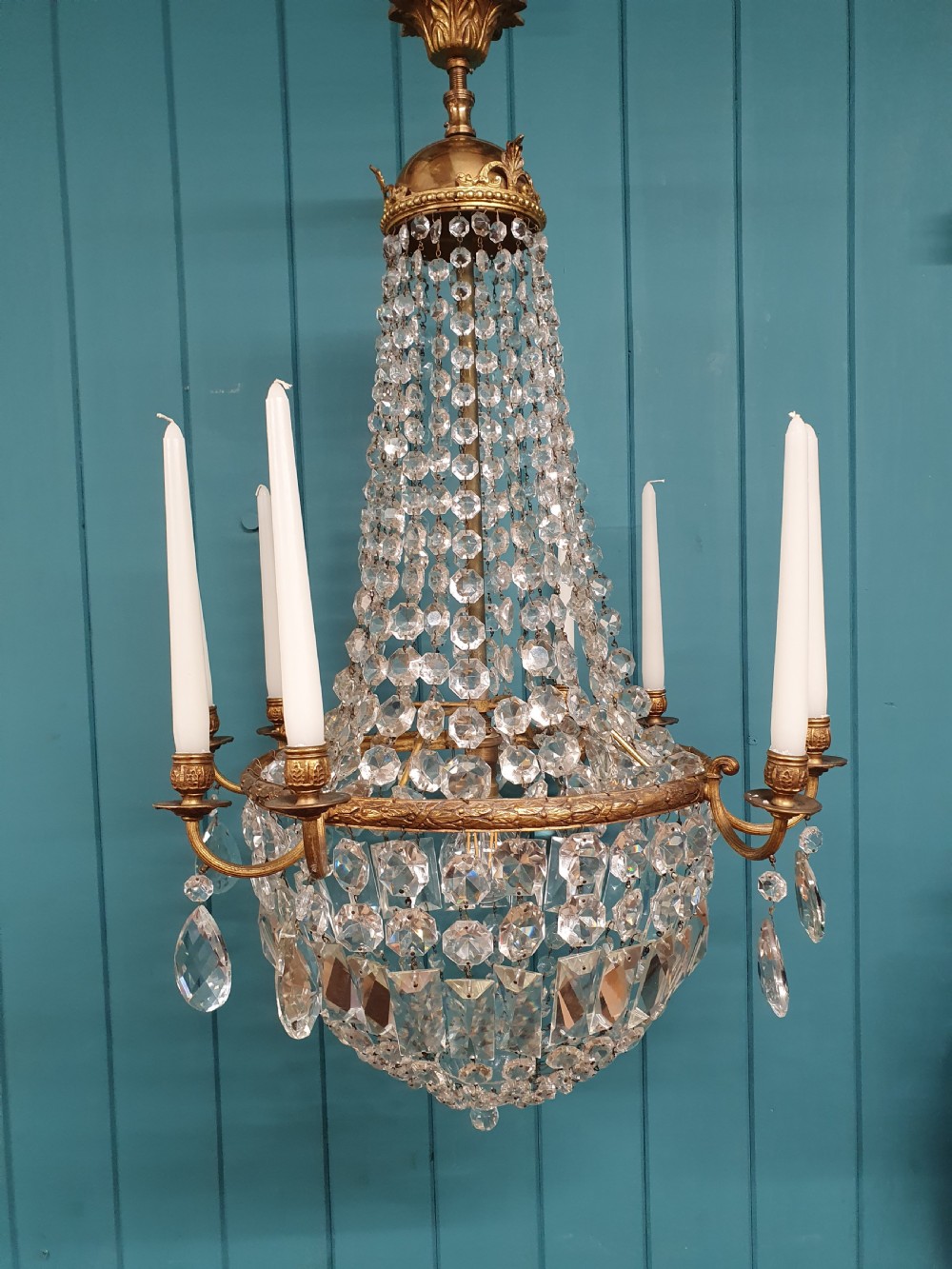 Large early 20th century swag chandelier with prisms View VII
