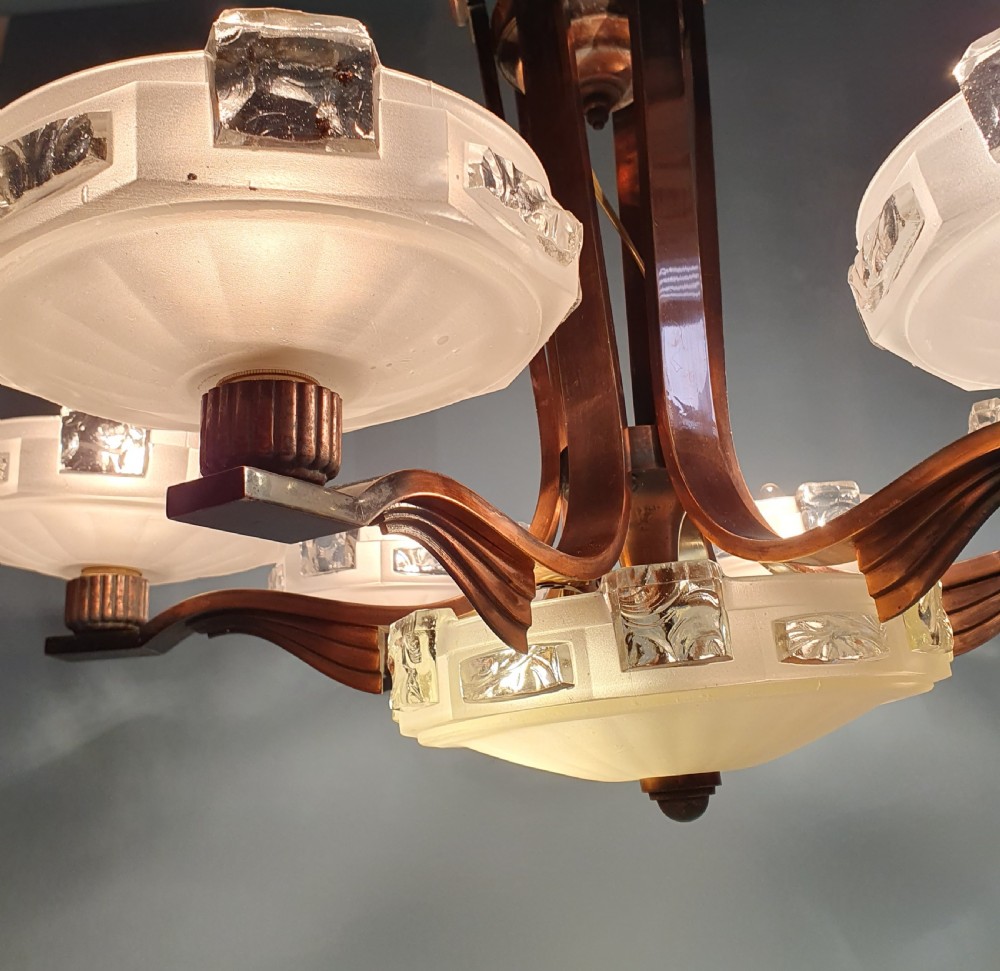 Art deco copper chandelier glass bowls View III