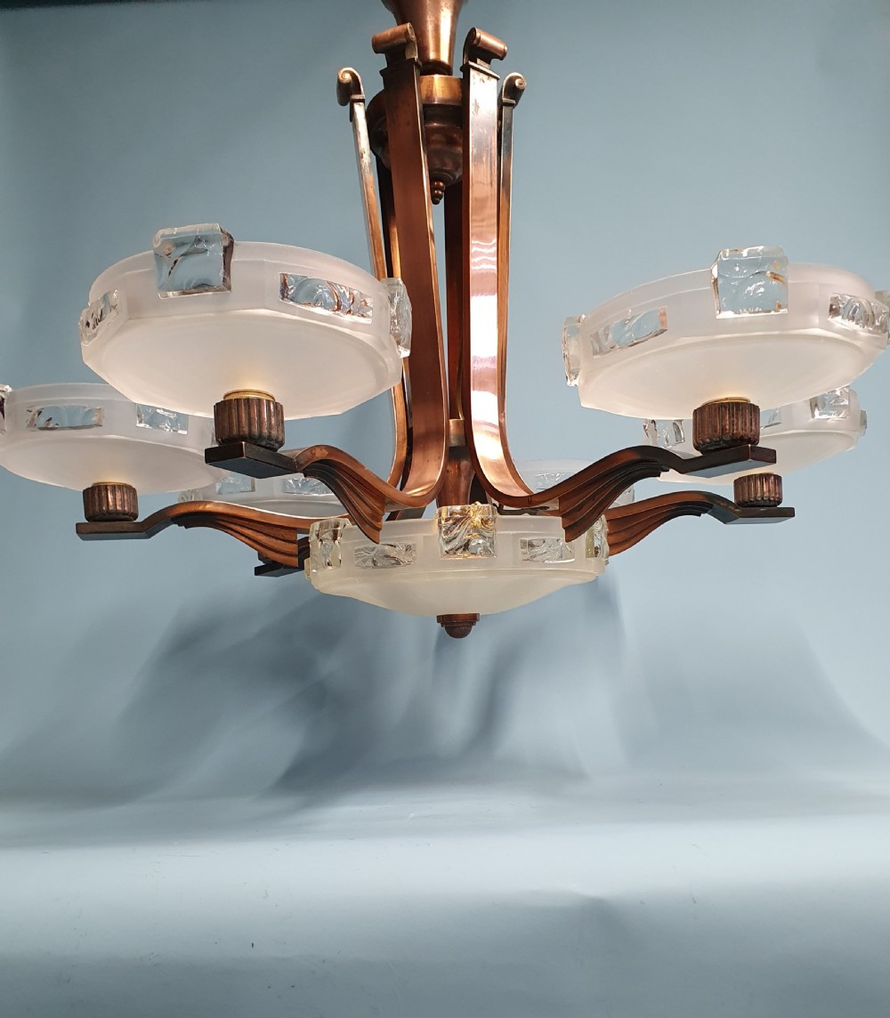 Art deco copper chandelier glass bowls View IV