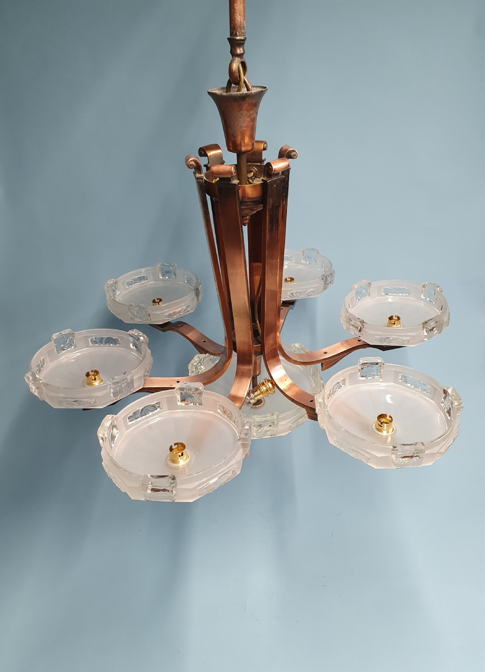 Art deco copper chandelier glass bowls View VII