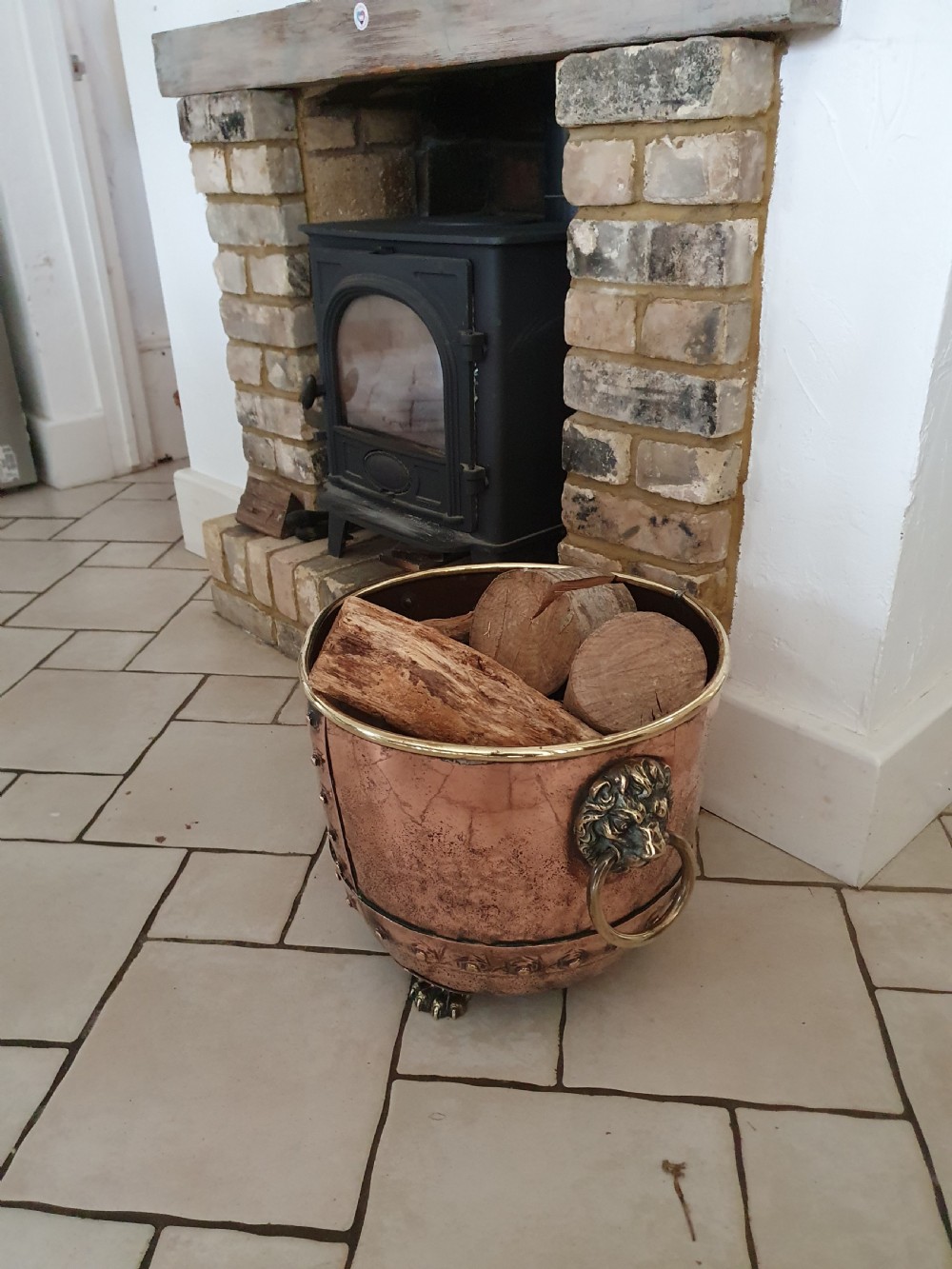 19th century copper and brass log bin. View II