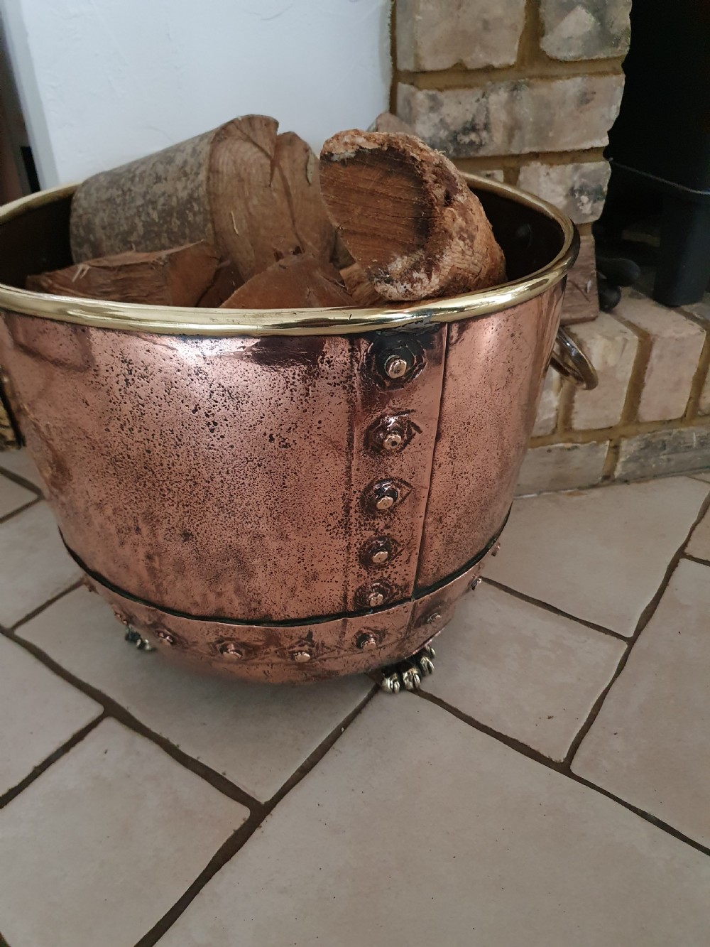 19th century copper and brass log bin. View VI