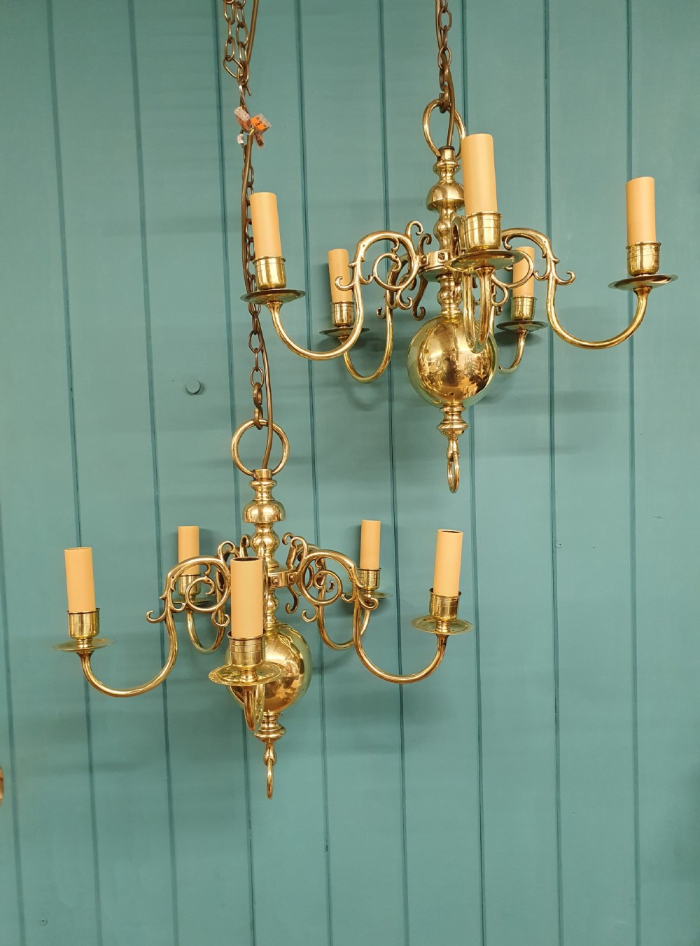 Early 20th century pair of Dutch Flemish brass chandeliers