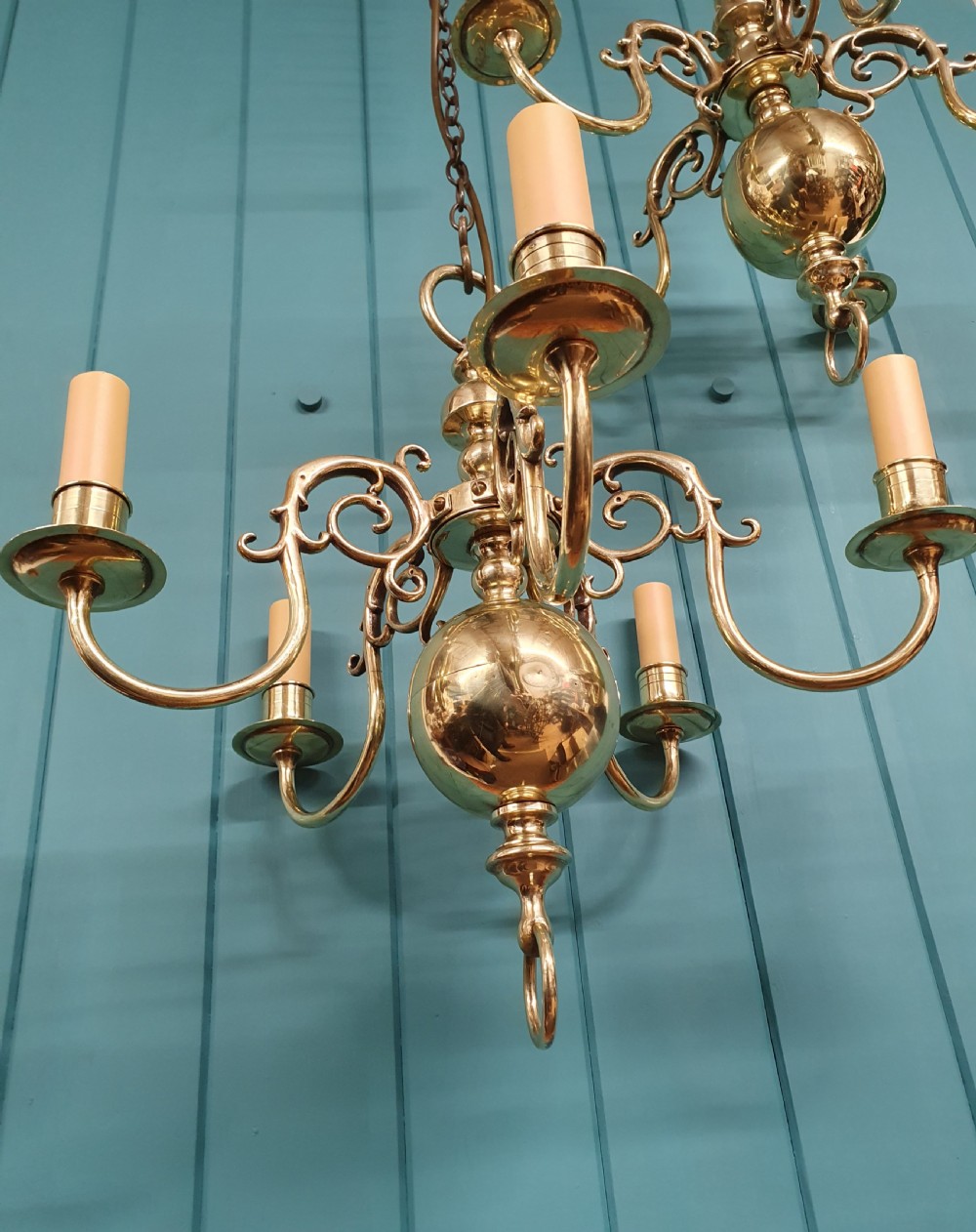 Early 20th century pair of Dutch Flemish brass chandeliers View III