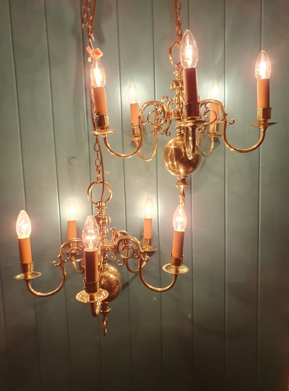 Early 20th century pair of Dutch Flemish brass chandeliers View VI