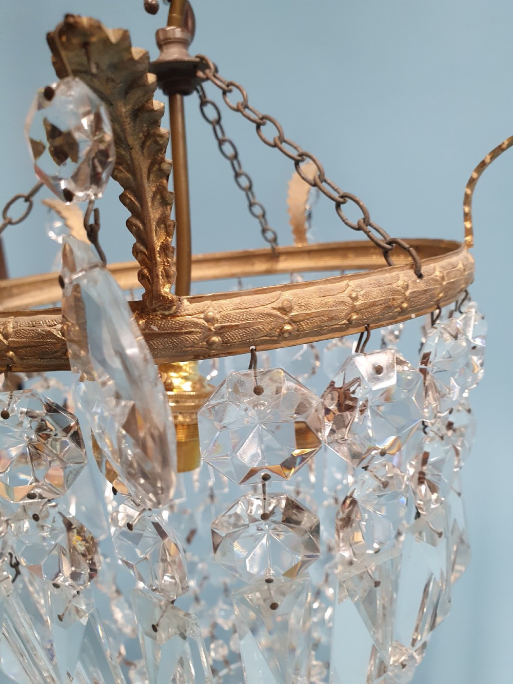 Early 20th century bag chandelier with prisms and finials to the top 11